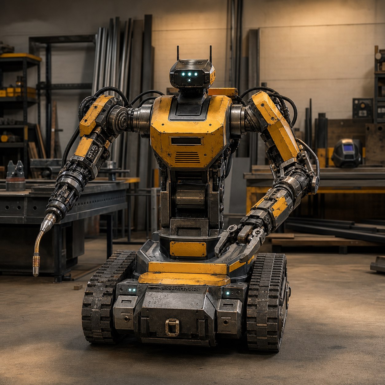 The Builder Bot with tool arms in a fabrication workshop