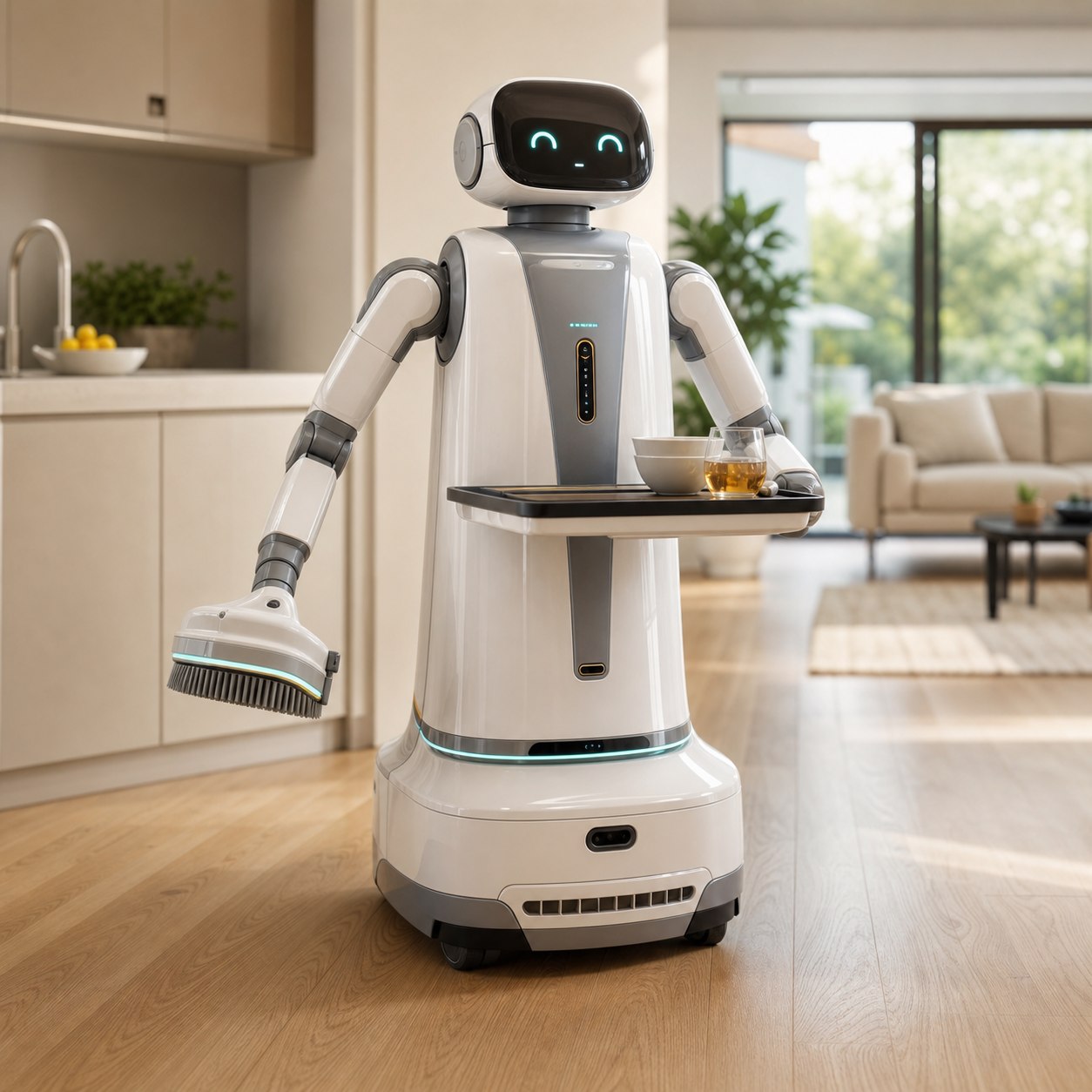 The Care Bot serving and cleaning in a bright home interior