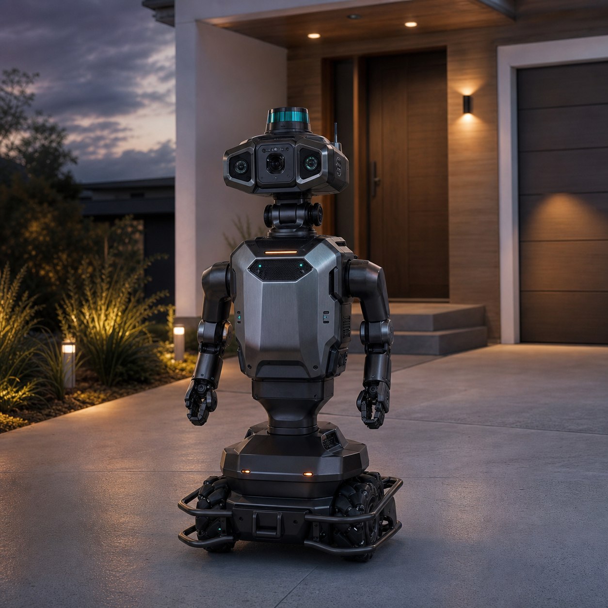 The Guardian Bot security robot on a driveway at dusk